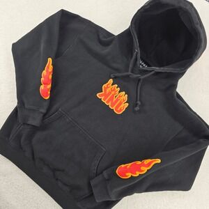 KNJ Black Hoodie Flame Graphic Pullover Sweatshirt Size M Streetwear